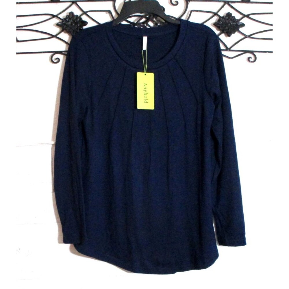 Anyhold Knit Top Women's Size M Long Sleeve Blue Round Neck